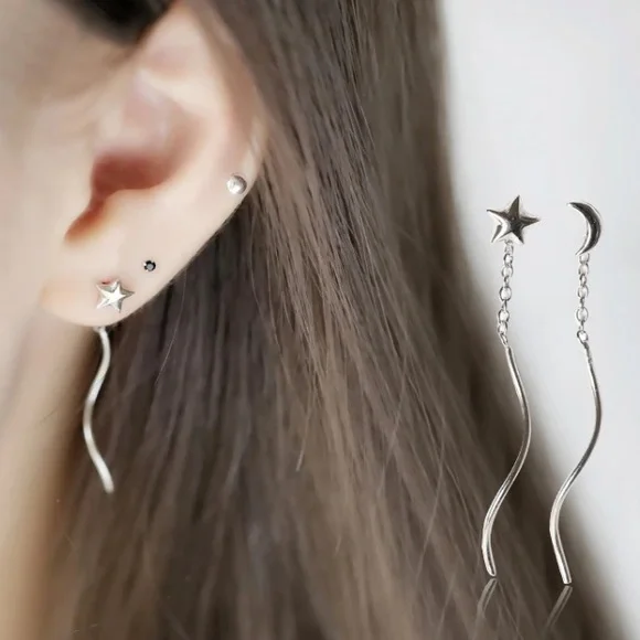 Sterling Silver 925 Star Moon Drop Earrings - Picture 3 of 4